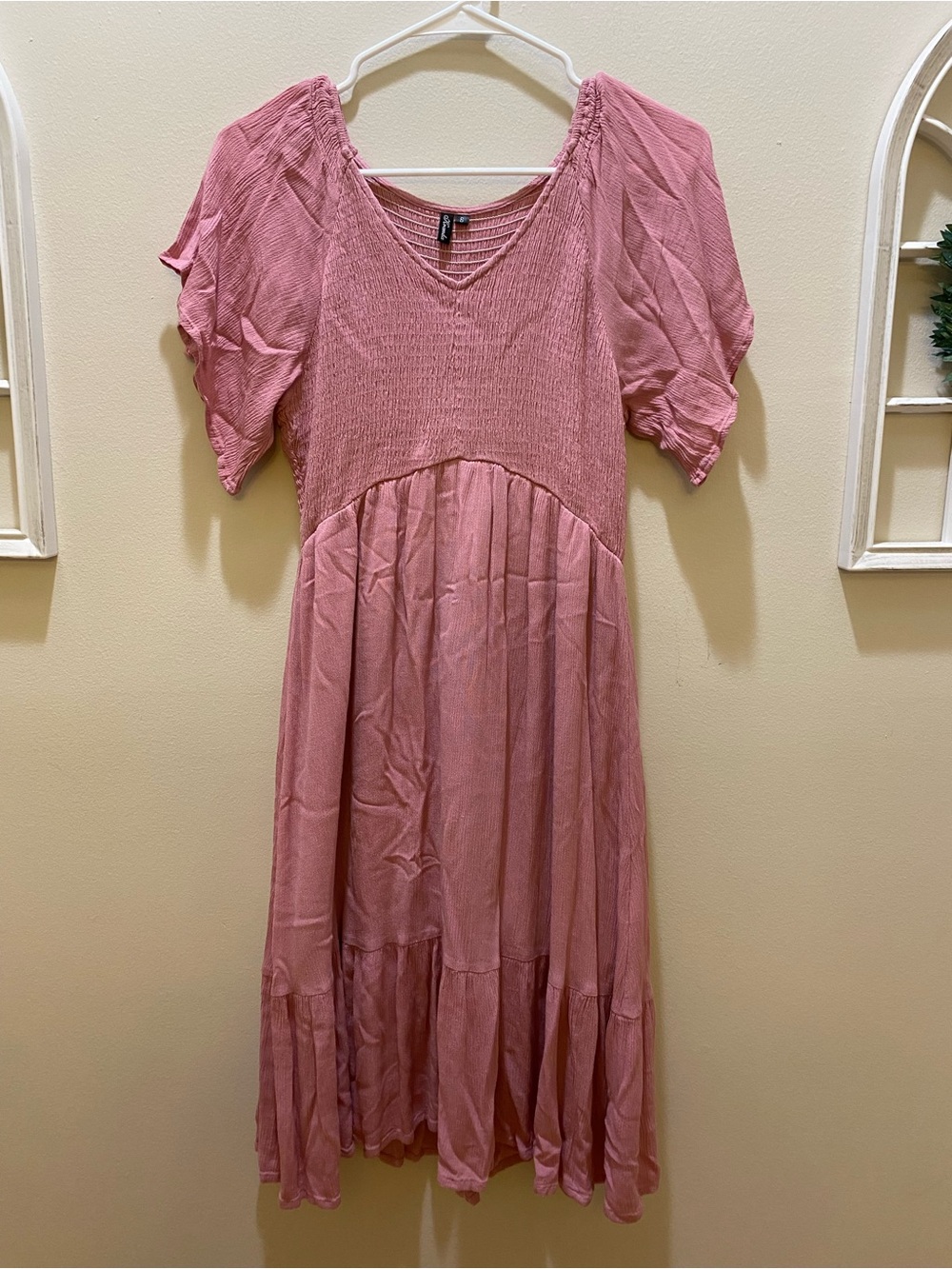 Women's Pink Smocked Dress with Ruffles and Flutter Sleeves